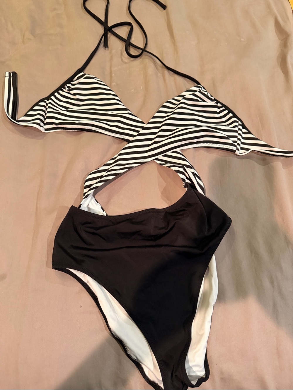 PINK Victoria's Secret Black & White Striped Wrap One-Piece Swim Bodysuit